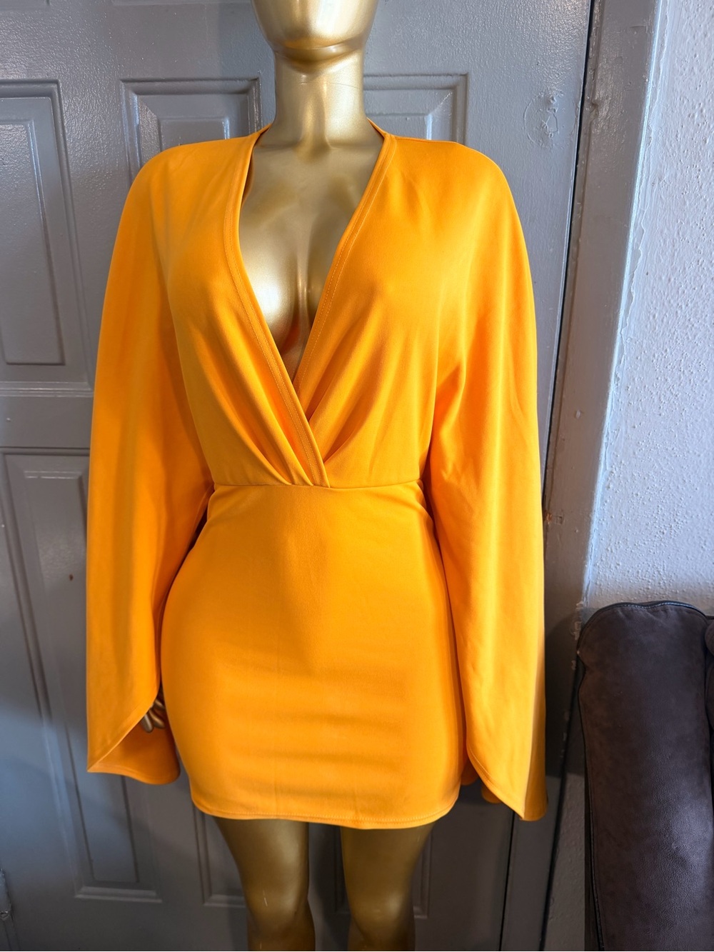 Vibrant Yellow Bodycon Cape Sleeve Dress - Picture 2 of 7